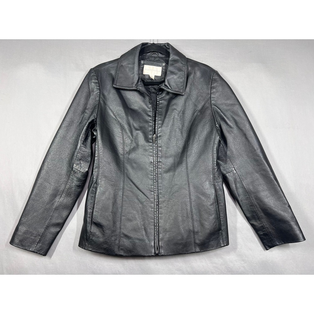 Worthington Womens Black Genuine Leather Vintage 90s Grunge Rock Jacket Size Med